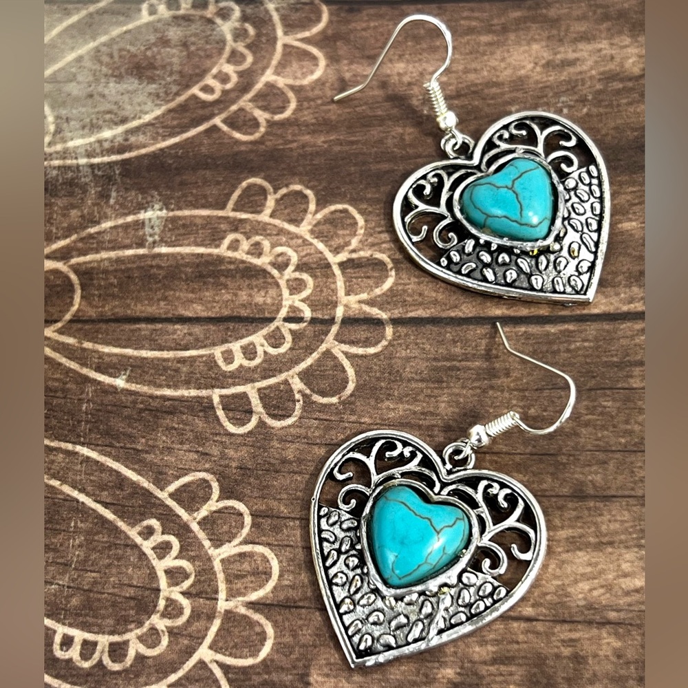 Silver Turquoise heart drop dangle earrings filigree lace Boho 925